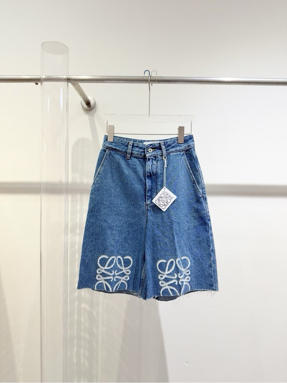 Loewe Blue Denim Wide-Leg Embroidered Shorts